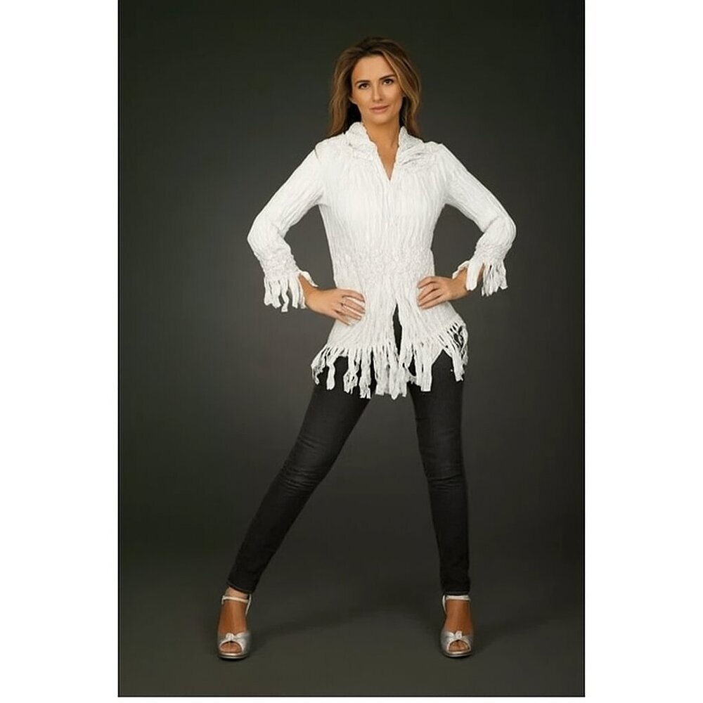 Jerry T Designer Tunic Small White Crinkle Texture Button Fringe Boho Party Top